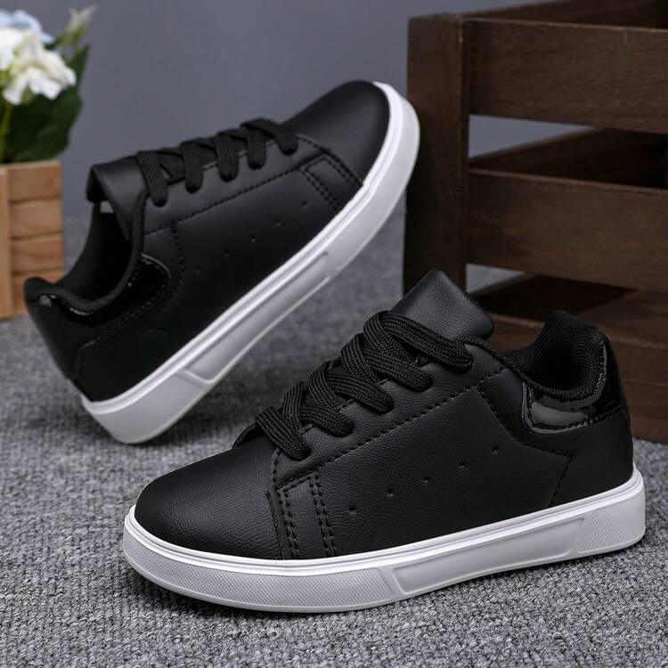1 Pair Children's Fashionable Casual White Sneakers, Comfortable Breathable Outdoor Sports Shoes For Teenagers - Black and White - View 11