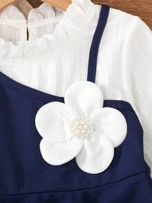 2pcs/Set Young Girl Fashion Casual 2 In 1 Contrast Color Long Sleeve Ruffle Tie Collar Floral Applique Top And Solid Color Elastic Waist Beaded Bell-Bottom Pants Set, Suitable For Daily, Home, Outdoor Wear, Spring/Autumn - Blue and White - View 4