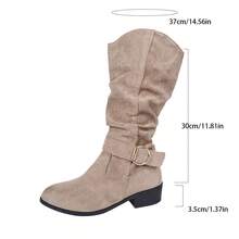 Plus Size 35-43 Chunky Heel Long Boots, Solid Color Casual Fabric Buckle Khaki Pleated Mid-Calf Boots, Office & Outdoor Wear, Spring/Autumn New Versatile Ankle Boots For Shopping & Party - Khaki Boots - View 10