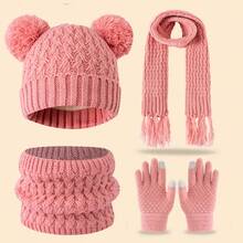 Conjunto de 4 piezas de gorro/bufanda/guantes de punto para niños, atuendo de invierno grueso y cálido, moda minimalista y linda, adecuado para niños de 3 a 12 años para actividades al aire libre como senderismo/esquí y uso diario en invierno