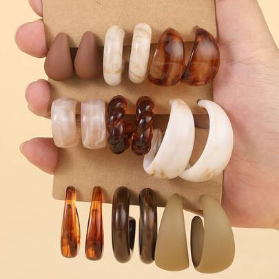 3 đôi/9 đôi Hoa tai Acrylic hình chữ C cổ điển, phong cách thanh lịch, màu sắc ấm áp, kết cấu bề mặt bất đối xứng, hoàn hảo để đeo hàng ngày và làm quà tặng, Hoa tai hàng ngày | Phong cách Bohemian | Hoa tai