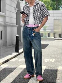 Men's Plaid Shirts Gingham Short Sleeve Button Down Crop Tee Topshalloween - Đã kiểm tra màu xanh - Xem 7