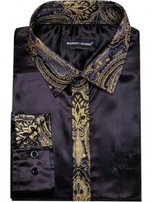 Mens Satin Silk Shirts Long Sleeve Designer Dress Shirt Shiny Untucked Casual Button Down Shirt Party Disco Formalhalloween - 緞面黑色和金色 - 查看 5