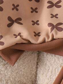 2pcs Baby Girls Casual Minimalist 3D Bow Ruffle Trim Long Sleeve Top And Pants Set, Spring/Autumn - Coffee Brown - View 7