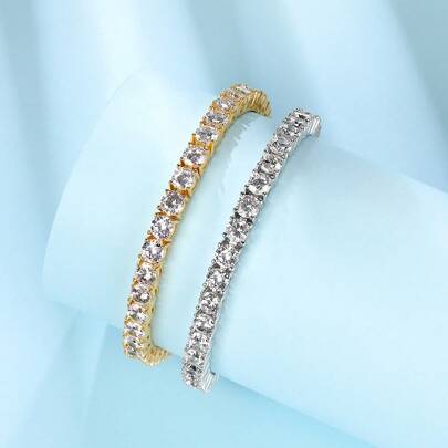 MDFUN 2pcs Fashionable & Luxurious 4.0mm Zirconia Tennis Bracelet Set In Platinum & Gold Color, Suitable For Men And Women Daily Wear