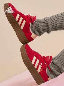 Adidas VL Court Bold Classic Sneakers, Thick Sole Casual Trainers, "T-Toe Shoes", Daily Styling Thick Bottom T-Shaped Toe, Modern And Classic Elements, Rubber Outsole With EVA Insert, Leather And Synthetic Material Lining, Three Stripes And Linear Logo - Red - View 4