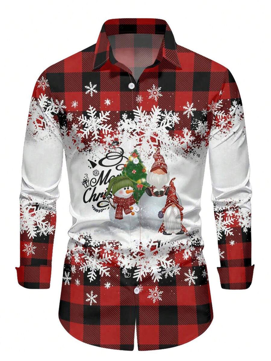 Męska koszula z długim rękawem w stylu bożonarodzeniowym, w czerwono-czarną kratę, z nadrukiem w płatki śniegu, bałwana i krasnala, swobodna koszula z kołnierzykiem typu "knock down" zapinana na guziki, styl na imprezę świąteczną, jesień/wiosna - Wielokolorowe - Zobacz 1