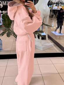 Women's Casual Solid Color Drawstring Waist Hooded Loose Tracksuit Set - Pink - View 2