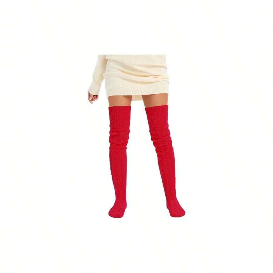 Women's Knit Thigh High Socks Leg Warmers Long Over Knee High Boot Stockings - Red - View 1