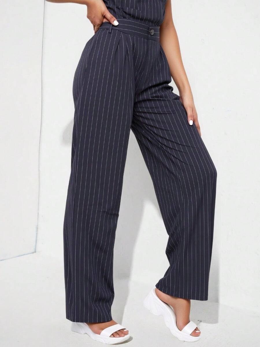 pantalon para mujer dama vestir elegante rallas rayas pinzas importado gran calidad - Negro - Ver 1
