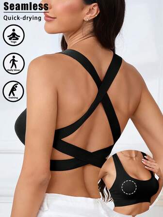 1pc Seamless Criss-Cross Back Sports Bra, Comfortable Removable Padded Everyday Bra For Women