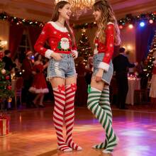 2 pièces/set Chaussettes hautes de Noël à nœud rayé, motif rayé diagonal rouge et blanc bonbon, vert et blanc. Costume de Noël, convient pour les fêtes et les représentations