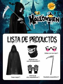 5-Piece Halloween Grim Reaper Costume, Adult Halloween Death Costume With Black Hooded Cloak, Skull Mask, Luminous Glasses, Skeleton Gloves And Death Scythe, For Halloween Cosplay Costumes - 黑色 - 查看 11