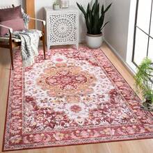 Vintage Floral Low Pile Rug - Machine Washable Foldable Carpet, Soft Non-Slip Area Rugs For Living Room, Bedroom & Dining Room - 紅色 - 查看 2