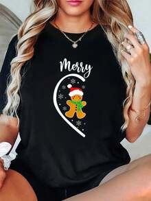 Camiseta de manga corta con cuello redondo y diseño de hombrecito de jengibre sobre copo de nieve, 100 % algodón, para mujer, cómoda y suave, para vacaciones de verano. - Negro - Ver 1