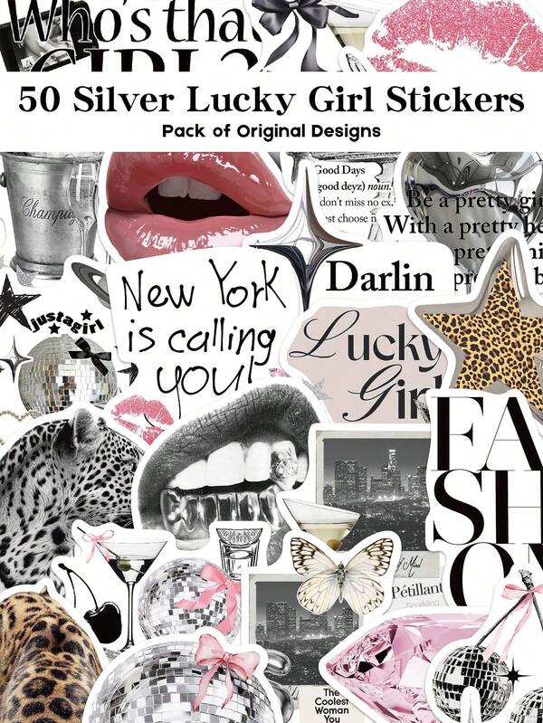 YWWBLD 50pcs Silver Lucky Girl Stickers Holiday Gifts Party & Home Decor Class Reward Birthday Gift Decoration Scrapbook Laptop Luggage Guitar Water Cup Phone Case DIY Decal