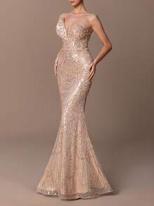 女士奢华露肩美人鱼晚礼服 - 珍珠饰边缎面肩部，全亮片和珠饰，后系带设计 - 非常适合婚礼、晚宴、颁奖典礼和晚会 - 香檳色 - 查看 4