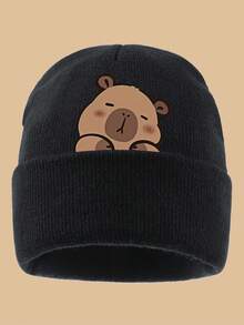 1 件可爱水豚印花针织帽，可爱百搭设计，男女通用，舒适轻便的冬季滑雪帽，时尚弹力无檐帽，适合父母的秋冬保暖配饰，适合万圣节、徒步旅行、露营、圣诞节等户外活动，适合送给家人和朋友的礼物