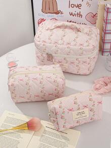 1Pc/Set Sweet Pink Striped Bowknot Pattern Wash And Cosmetic Bag Set,Portable Large Capacity Travel Organizer Toiletry Bag Makeup Bag Skincare Bag - Multicolor - View 15