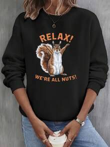 Sudadera Divertida para Mujer "¡Relájate! Todos Estamos Locos" con Gráfico de Ardilla - Jersey Verde Cuello Redondo y Temática Nuez, Suéter Casual Otoño/Primavera Para Atuendos Informales, Lavable a Mancha (Conjuntos otoñal e invernales, Fiestas de Cumpleaños, Navidad) – Ajuste Relajado, Tejido Sin Elastano, Diseño Geométrico Con Humorosa Ilustración De Una Ardilla - Oscuro - Ver 1