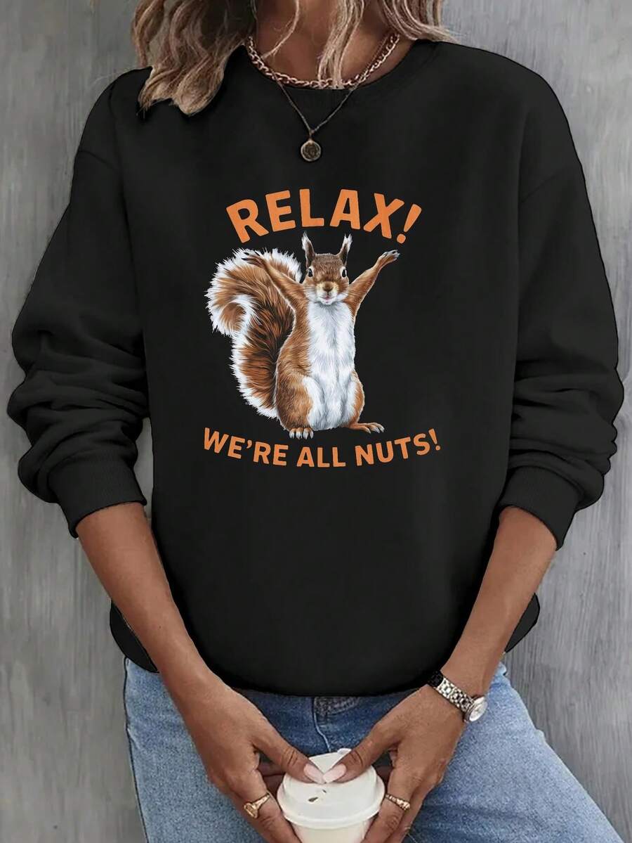 Sudadera Divertida para Mujer "¡Relájate! Todos Estamos Locos" con Gráfico de Ardilla - Jersey Verde Cuello Redondo y Temática Nuez, Suéter Casual Otoño/Primavera Para Atuendos Informales, Lavable a Mancha (Conjuntos otoñal e invernales, Fiestas de Cumpleaños, Navidad) – Ajuste Relajado, Tejido Sin Elastano, Diseño Geométrico Con Humorosa Ilustración De Una Ardilla - Oscuro - Ver 1