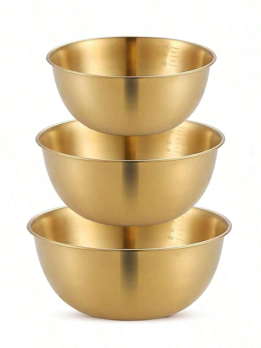 Powcan Stainless Steel Mixing Bowl Set, 3-Piece Nesting Bowls for Cooking, Baking, Salad, and Meal Prep | Stackable Design, Easy to Clean, Durable and Versatile for Kitchen Use - 金色-3件套 - 查看 1