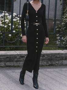 优雅时尚女式优雅淑女复古圆领金属纽扣装饰修身通勤百搭针织连衣裙（配腰带）、别致连衣裙、长款派对连衣裙、女士冬季连衣裙、外出连衣裙、女士黑色正式连衣裙 - 黑色 - 查看 3