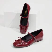Athlefit Elegant Women's Mary Jane Flats - Comfort-Focused Square Toe Ballet Shoes With Buckle Stra - Wine Red - 查看 2