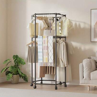 2-Tier Hexagonal Clothes Drying Rack - Sturdy Metal, Floor Standing Double Layer Rack, Suitable for Bedroom, Dormitory and Balcony, Holds Multiple Clothes, 3 Scenes Can Be Used, Room Furniture | Elegant Metal Frame, Available in 2 Colors