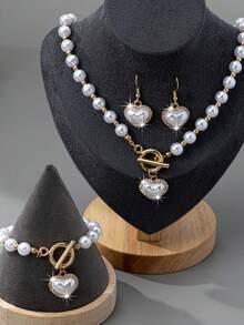 4pcs/Set Luxury Vintage Faux Pearl & Rhinestone Heart Bracelet, Necklace, Earrings Jewelry Set, Suitable For Men And Women, Exquisite Gift