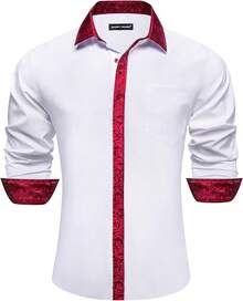 Mens Satin Silk Shirts Long Sleeve Designer Dress Shirt Shiny Untucked Casual Button Down Shirt Party Disco Formalhalloween - 白色和勃根地酒紅色 - 查看 6