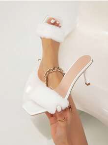 Elegant French Square Toe Strap Sandals, European & American Style Thin Heel Fashion Fluffy Slippers, White High Heel Shoes For Women - White - View 1