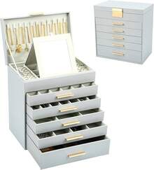 Organizador de 6 Niveles con Espejo, Caja de Joyas con Cajones de 5 Capas, Regalo para Mujer,Alahero Joyero Mujer,adecuada para joyas, Aretes, Anillos (Gris) - gris - Ver 9