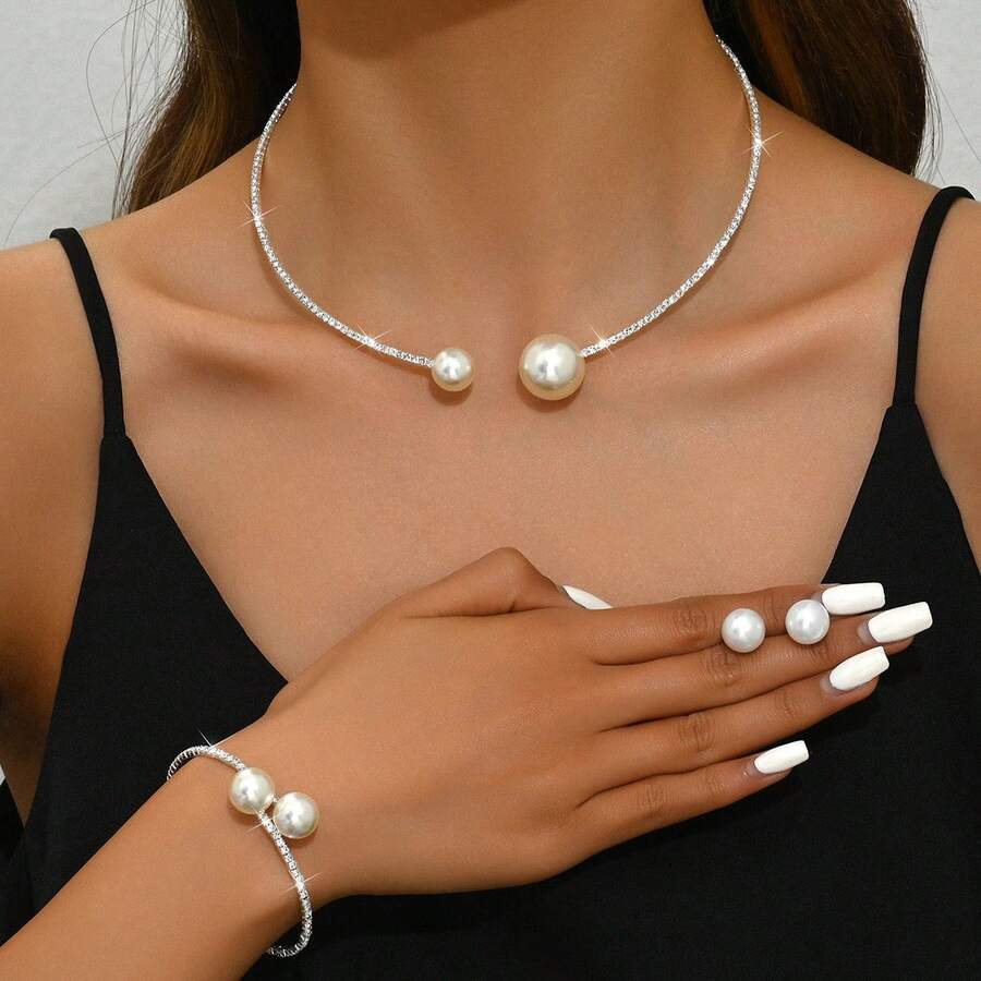 Minimalist Clavicle Chain Necklace, Earrings, Bracelet Jewelry Set For Women, Fully Paved With Pearls Open Choker