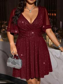 大码V领收腰优雅针织连衣裙，带金属光泽，弹力面料 - 酒紅色 - 查看 6