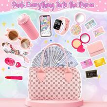 Juego de bolso de moda para niñas, set de juego de imitación de bolso de maquillaje para juego de princesa. Incluye: bolso, teléfono de juguete, reloj, llaves de coche, pañuelo de seda, tarjeta de crédito, billetera. El regalo perfecto de cumpleaños o Navidad para niñas de 3 a 6+ años