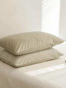 2pcs Beige Autumn And Winter Plus Velvet Padded Crystal Velvet Flannel Pillowcase Solid Color Japanese Simple Solid Color, Super Soft, Breathable, Simple, Fashionable And Casual Daily Life, Four Seasons Student Dormitory, Pillowcase, Excluding Pillow Core, Bedding, Hotel, Household Items, TwinFullQueenKing.