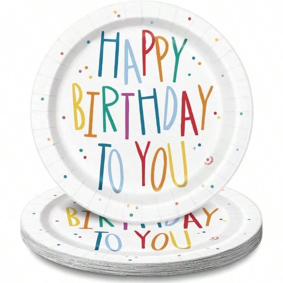 Multicolor Happy Birthday To You Mayhem Round Paper Dessert Plates - Pack Of 8 - Dynamic Celebration Design, Birthday Parties And Festive Gatherings - Nhiều màu - Xem 1
