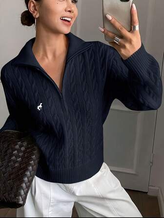 Korean Autumn/Winter Knitted Top, Vintage Cable Knit Half Zip Casual Pullover Sweater Jacket For Women, Cropped