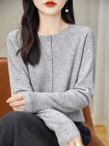 1 pieza Cárdigan de punto unicolor para mujer, con botones delanteros, corte holgado, ideal para uso diario - Gris - Ver 4