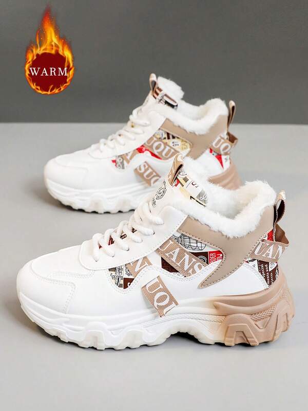 Women's Winter Thermal Lined 2024 New Korean Version Students All-Match Warm High-Top Boots, Thick Sole Increase Height Casual Sneakers