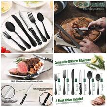 - Juego de cubiertos negros de 48 piezas - Utensilios de cubiertos de acero inoxidable con cuchillo para carne - Cubiertos de plata pulidos con espejo con cuchara/tenedor para comer - Negro Plata 48 - Ver 1