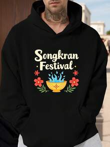 Men Casual Hoodie With Songkran Festival Design Gray Long Sleeve Loose Fit Pockets Non-Stretch Fabric Weekend Casual Wear Festive Hoodie Floral Print Hoodie Comfortable Fit Hoodie Men Size S-3XL - 黑色 - 查看 1