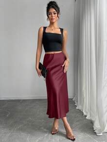 Mobula Sound 性感修身缎面美人鱼裙，面料光滑，适合派对、休闲、时尚、优雅的女装，飘逸裙 - 酒紅色 - 查看 4