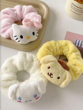  三丽鸥 (Sanrio) 1/4件装 Hello Kitty 女士弹力毛绒发圈，库洛米 (Kuromi) 发圈，高马尾发圈，发绳，化妆用发圈，马尾发圈，发圈，橡皮筋，发绳