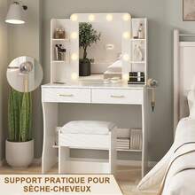 Vanity Table With Mirror And Stool, 85 X 40 X 140 Cm, LED And 3 Lighting Modes, 2 Sockets And 2 USB Ports, 2 Drawers, 4 Shelves - EU E Type Plug(220-240V) - View 3