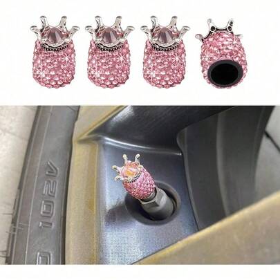 Kewucn 4 Pcs Car Tire Valve Stem Caps, Handmade Crown Crystal Rhinestone Rubber Car Stem Air Caps Covers, Attractive Dustproof Exterior Accessories, Universal Stem Cover For Most Autos (AB)