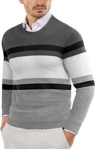 Men's Crew Neck Sweater Slim Fit Lightweight Sweatshirts Knitted Pullover For Casual Or Dressy Wear - Xám/Trắng - Xem 8
