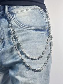 1 件嘻哈时尚双层男士腰链，陶瓷镶嵌全钻石球装饰，配 BBC 珠和人造珍珠，手工腰饰吊坠，男女皆宜，适合日常、约会、节日穿着 - 銀色 - 查看 9