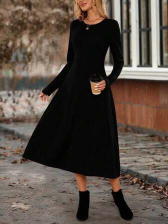 Fashionable Elegant Round Neck Fitted Waist Midi Dress, Versatile For Autumn/Winter